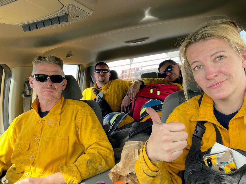 Ashley Cappel and fellow firefighters during the Bent's Fort deployment in April 2022.
